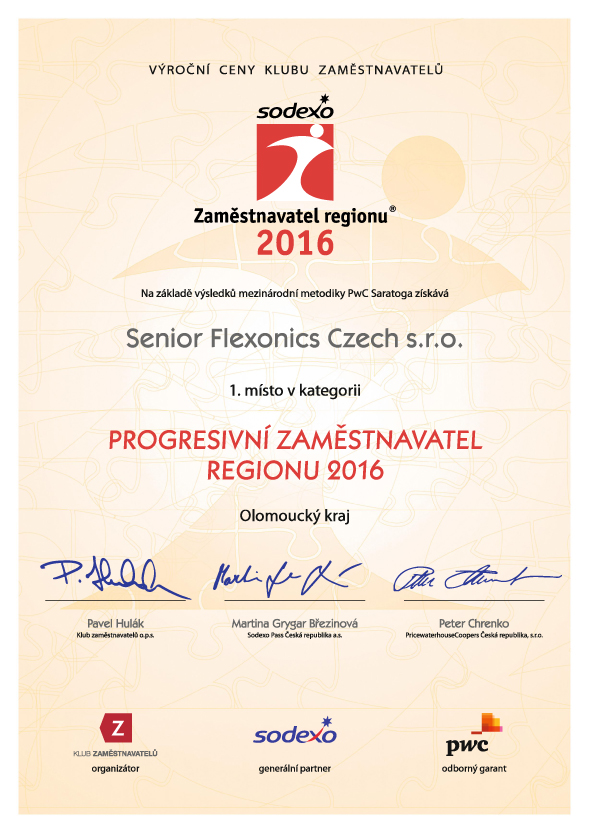 Diplom Senior Flexonics Czech